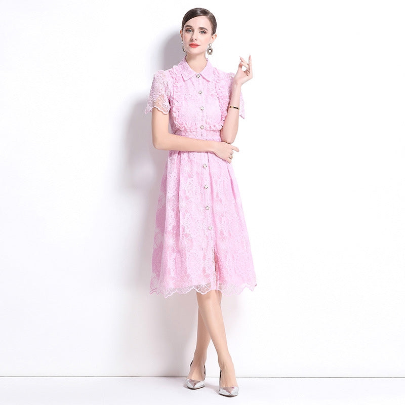 Elegant Pink Lace Button-Up Midi Dress