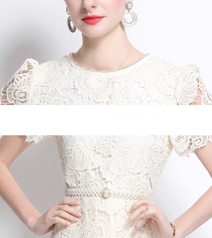 Vintage Bloom Lace & Tulle Midi Dress With Pearl Belt