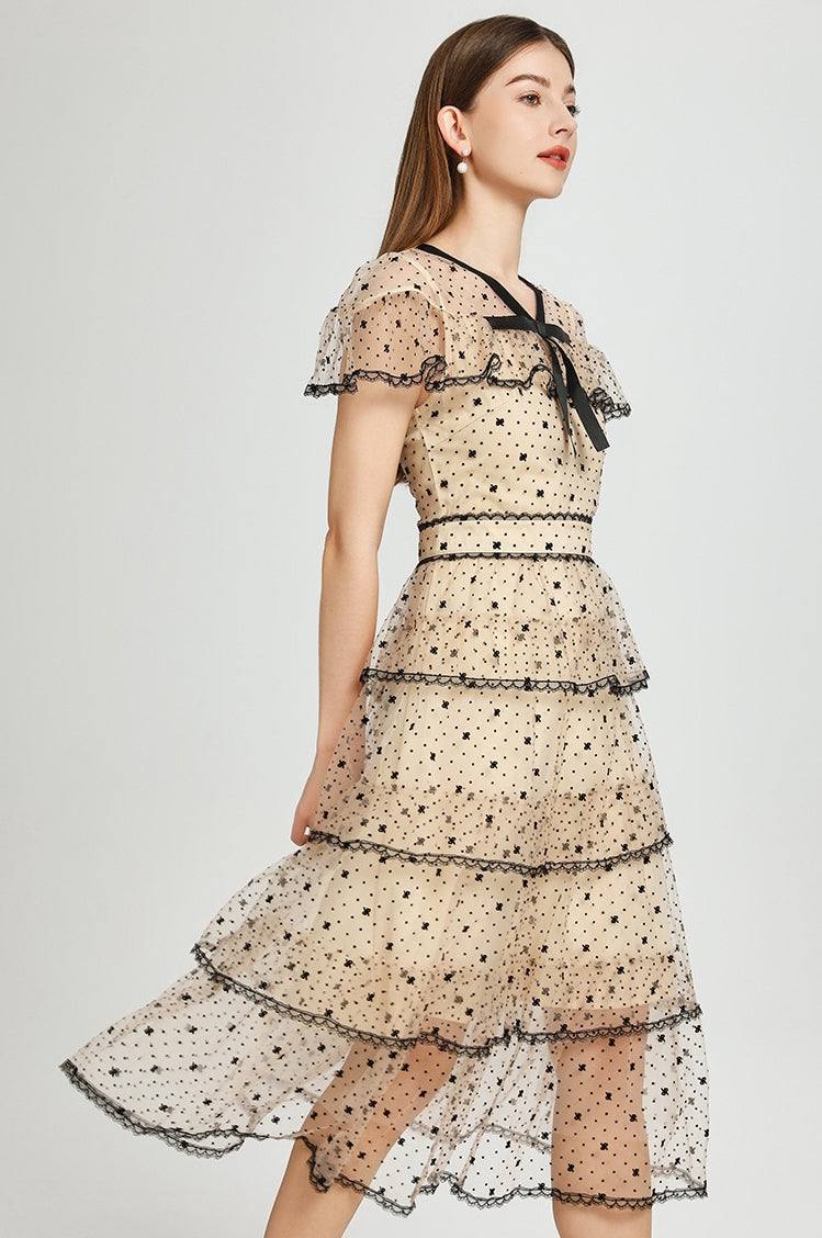 Midnight Dots Sheer Layered Midi Dress - 906831310848_APRICOT