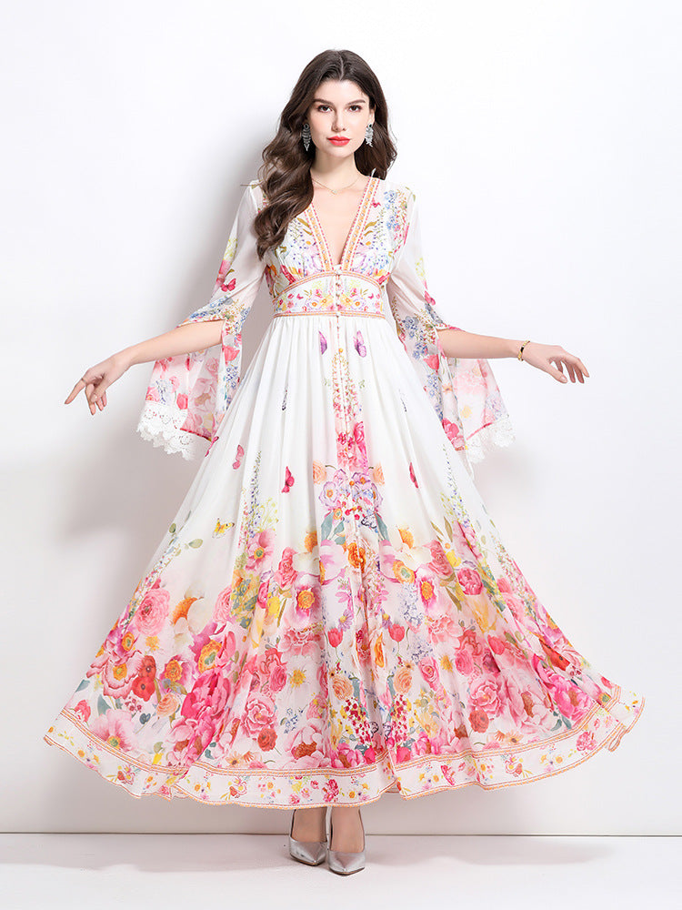 Bohemian Floral Bell-Sleeve Maxi Dress