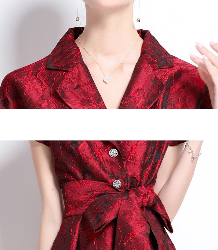 Crimson Elegance Brocade Midi Dress - 913663767470_RED