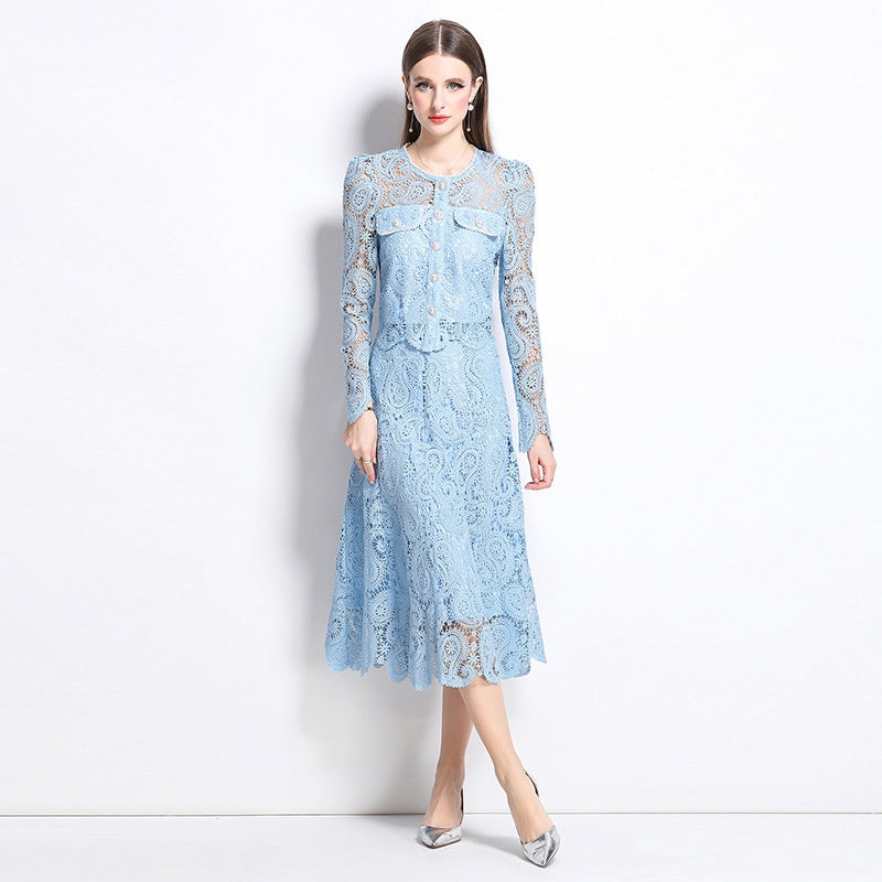 Elegant Long-Sleeve Lace Midi Dress – Sky Blue
