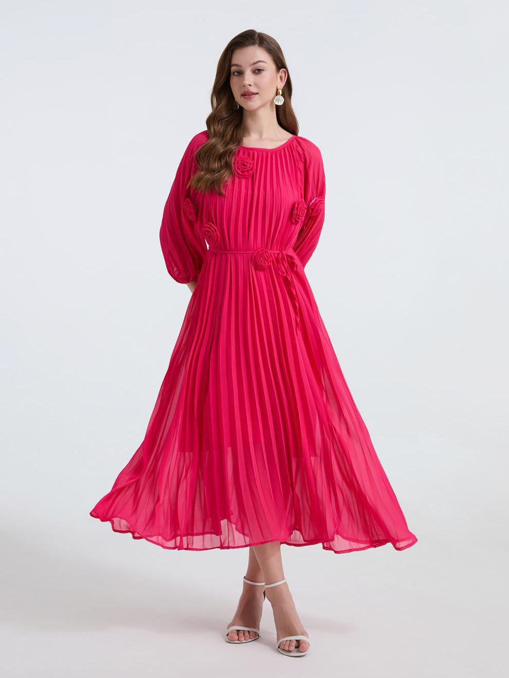 Rose Radiance Pleated Chiffon Dress - 906472342218_ROSERED