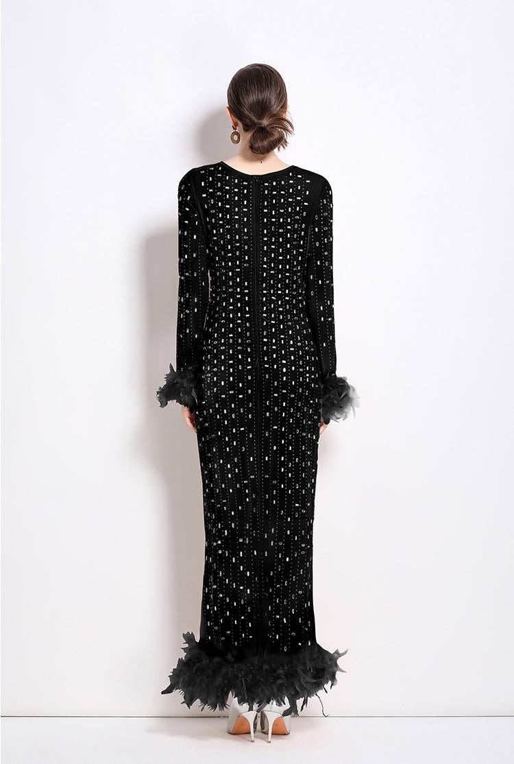Black Heavy Embellished Stretchable Feather Sleeves Mesh Black Party Dress