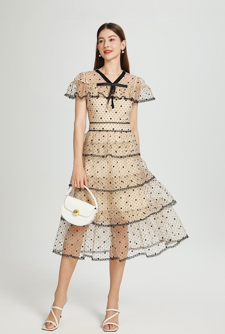 Midnight Dots Sheer Layered Midi Dress - 906831310848_APRICOT