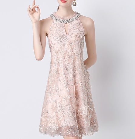Blush Elegance Embellished A-Line Cocktail Dress