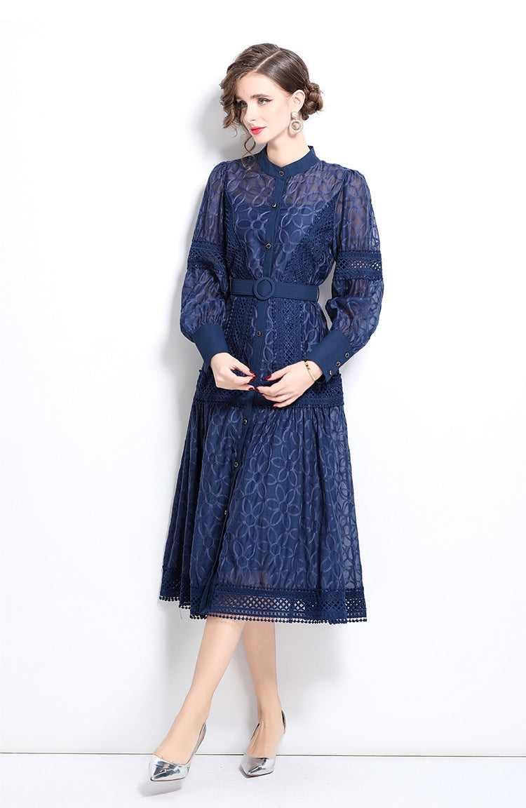 Elegant Navy Blue Lace Midi Dress with Belt