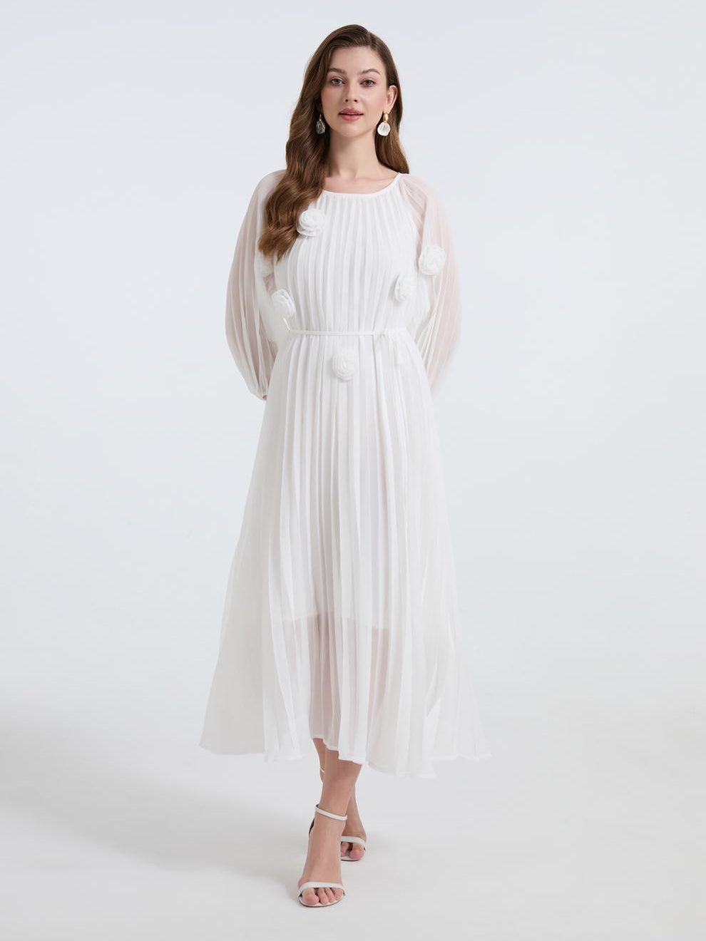 Snow Petal Pleated Chiffon Dress - 906472342218_WHITE