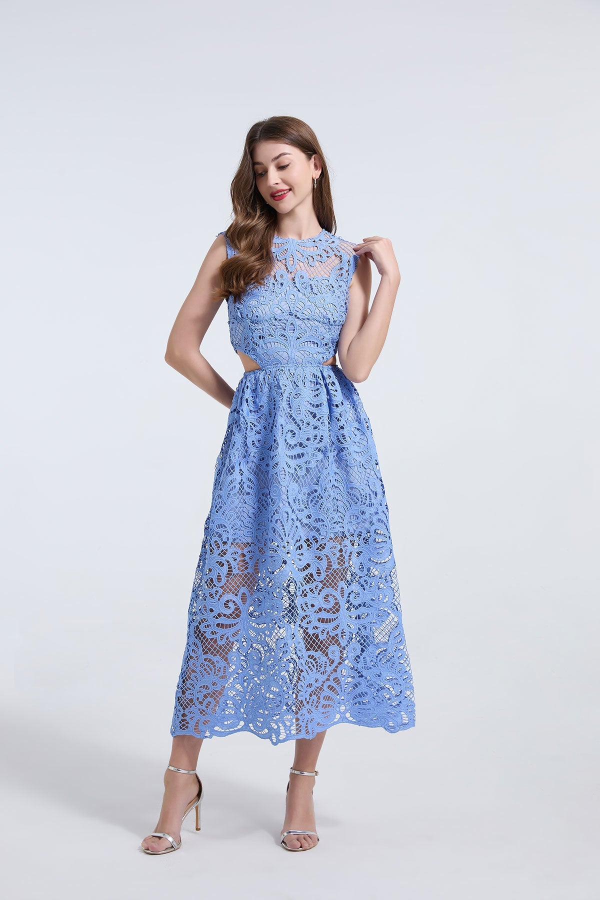 Elegant Sky Blue Lace Midi Dress