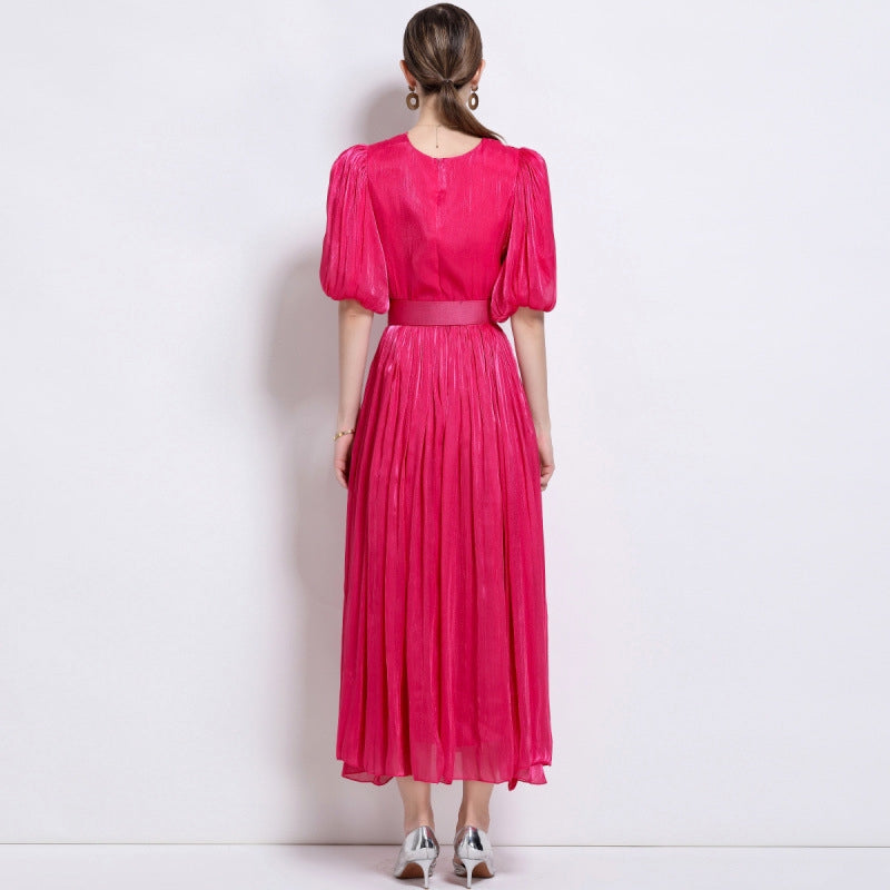 Radiant Rose Pleated Belted Dress - 920551704711_ROSERED