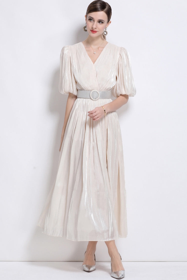 Ivory Grace Pleated Belted Dress - 920551704711_APRICOT