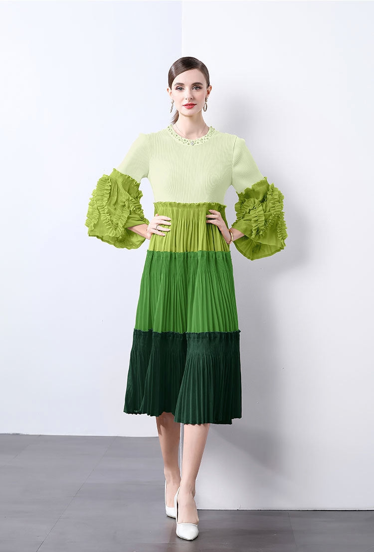 Green Ombre Pleated Midi Dress