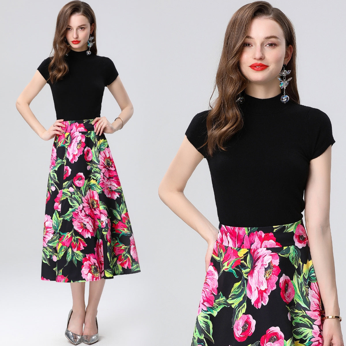 Floral High-Waist Midi Skirt Two Piece Set