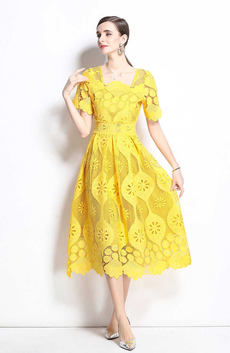 Vibrant Yellow Lace Midi Dress