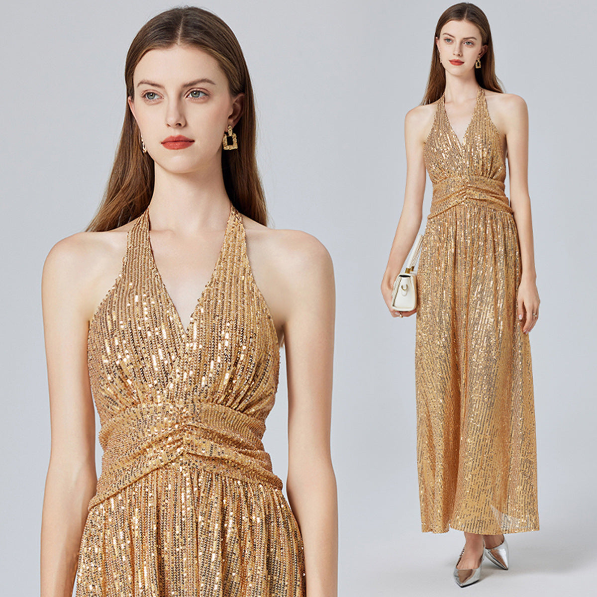 Gold Sequin Halter Maxi Dress