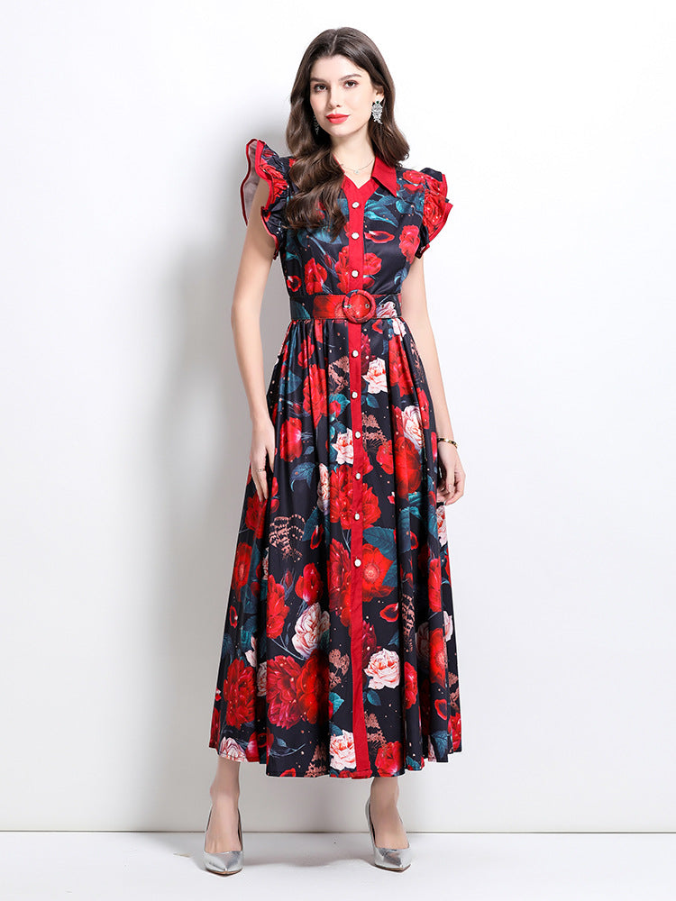 Vintage-Inspired Floral Maxi Shirt Dress with Ruffle Sleeves