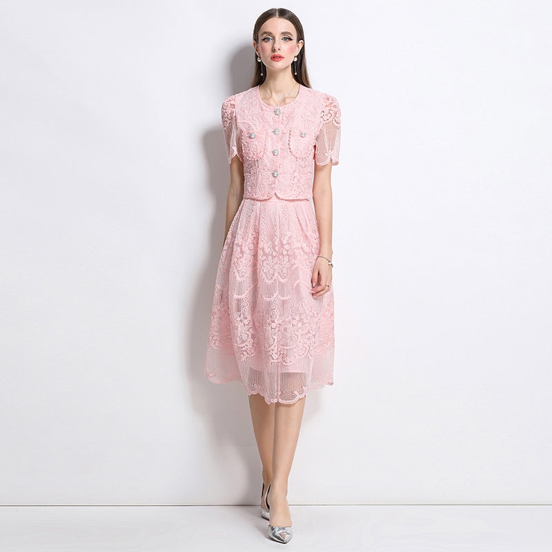 Elegant Lace Vintage Two Piece Midi Dress – Blush Pink