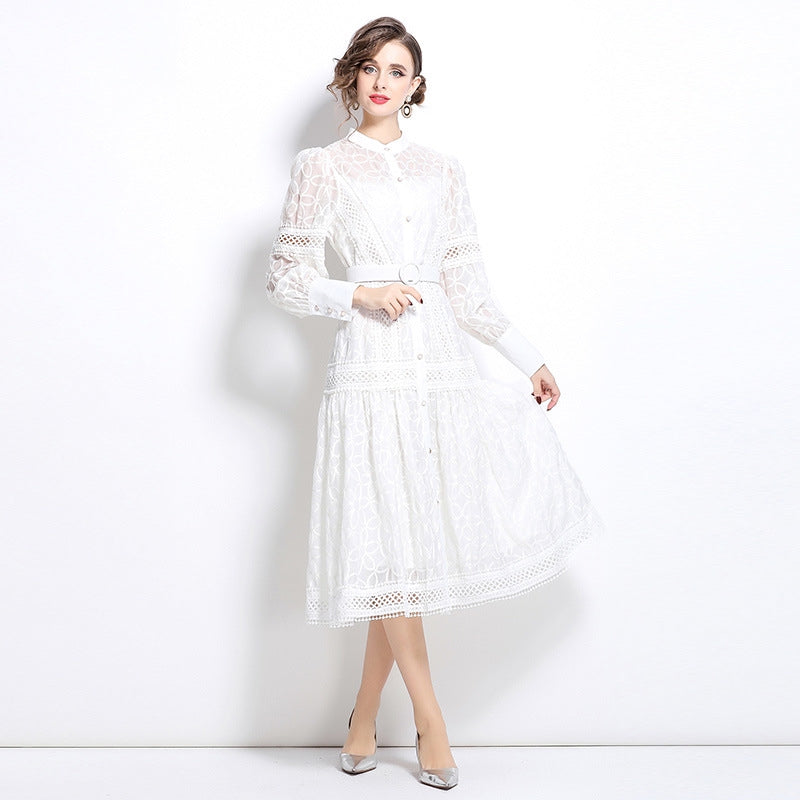 White Lace Belted Midi Dress