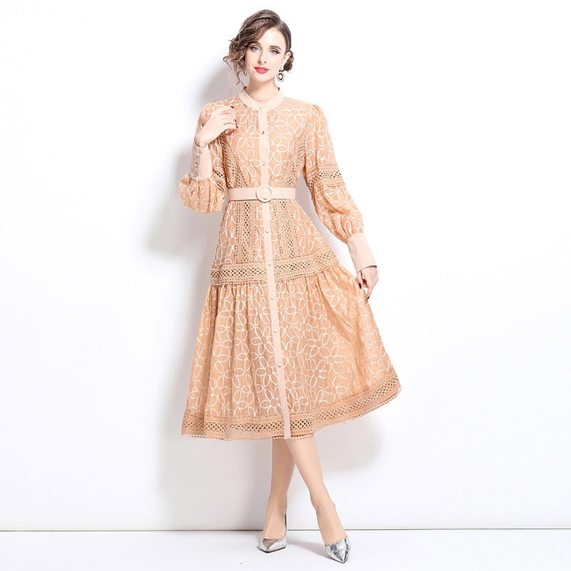 Elegant Apricot Lace Midi Dress with Belt