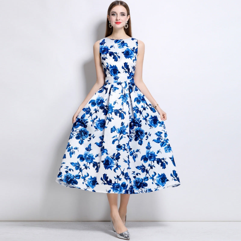 Sapphire Bloom Sleeveless Midi Dress