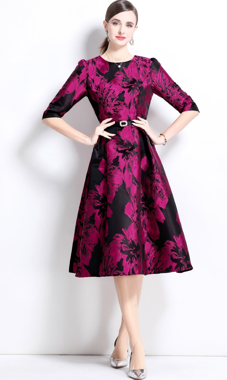 Jacquard Fuchsia Dress With Fitted Vest and Hepburn skirt