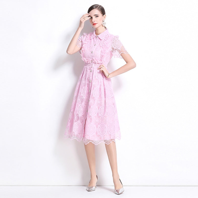 Elegant Pink Lace Button-Up Midi Dress