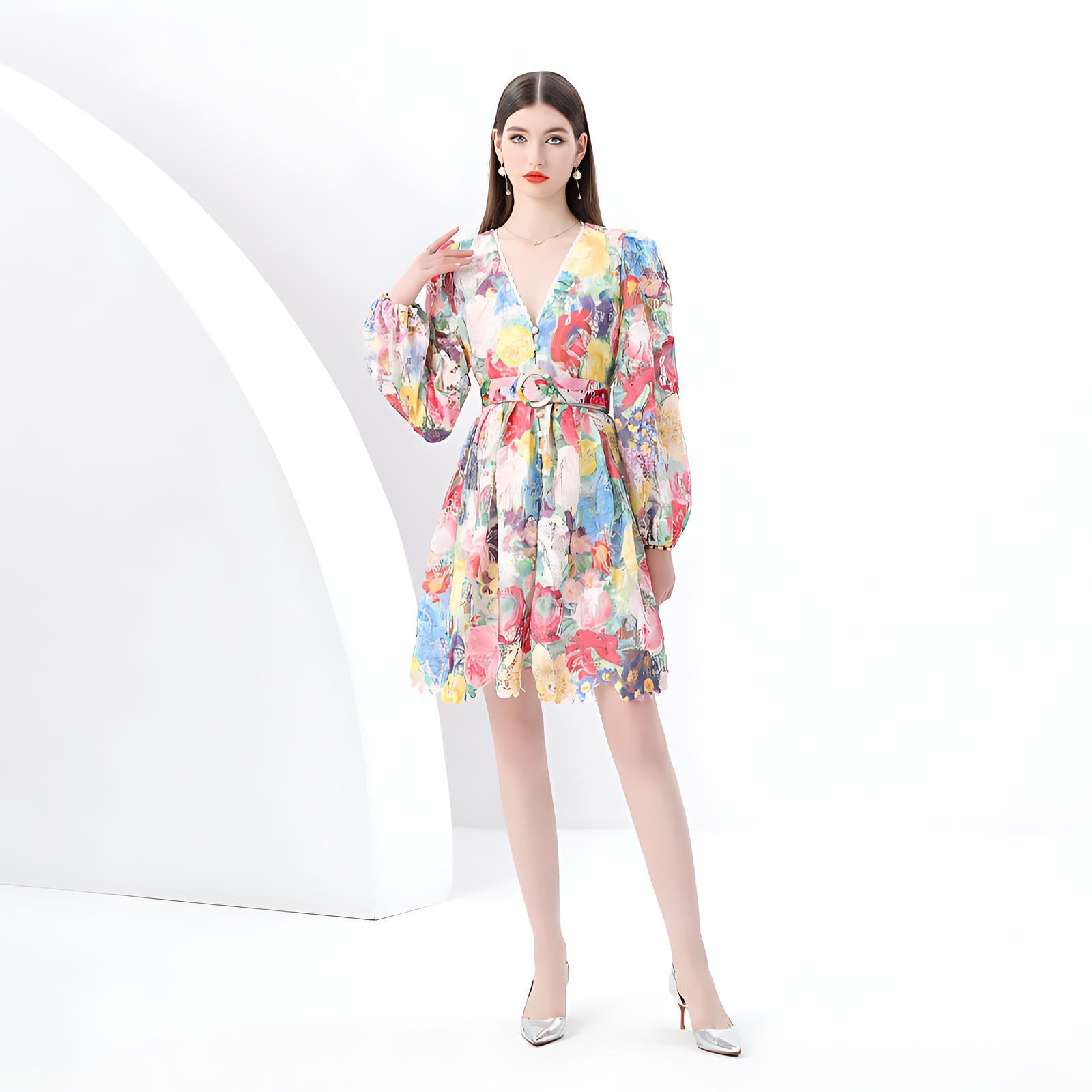 Floral V-Neck Belted Dress