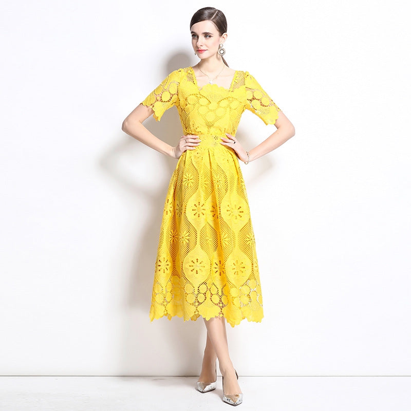 Vibrant Yellow Lace Midi Dress