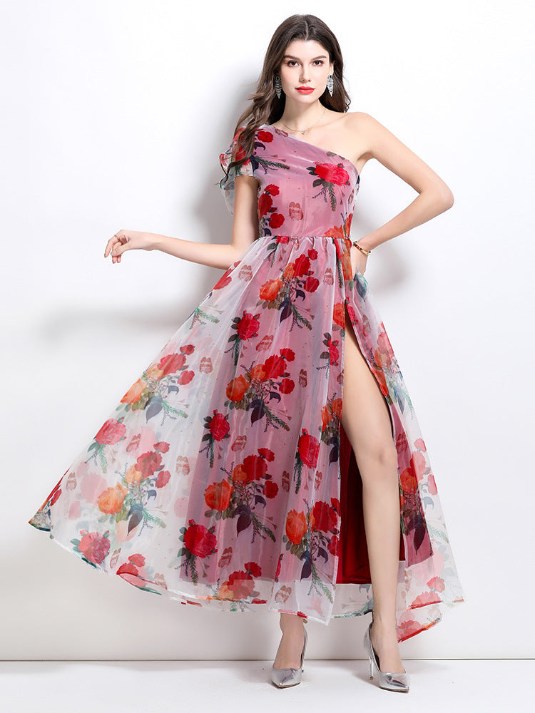 One-Shoulder Floral Slit Maxi Dress