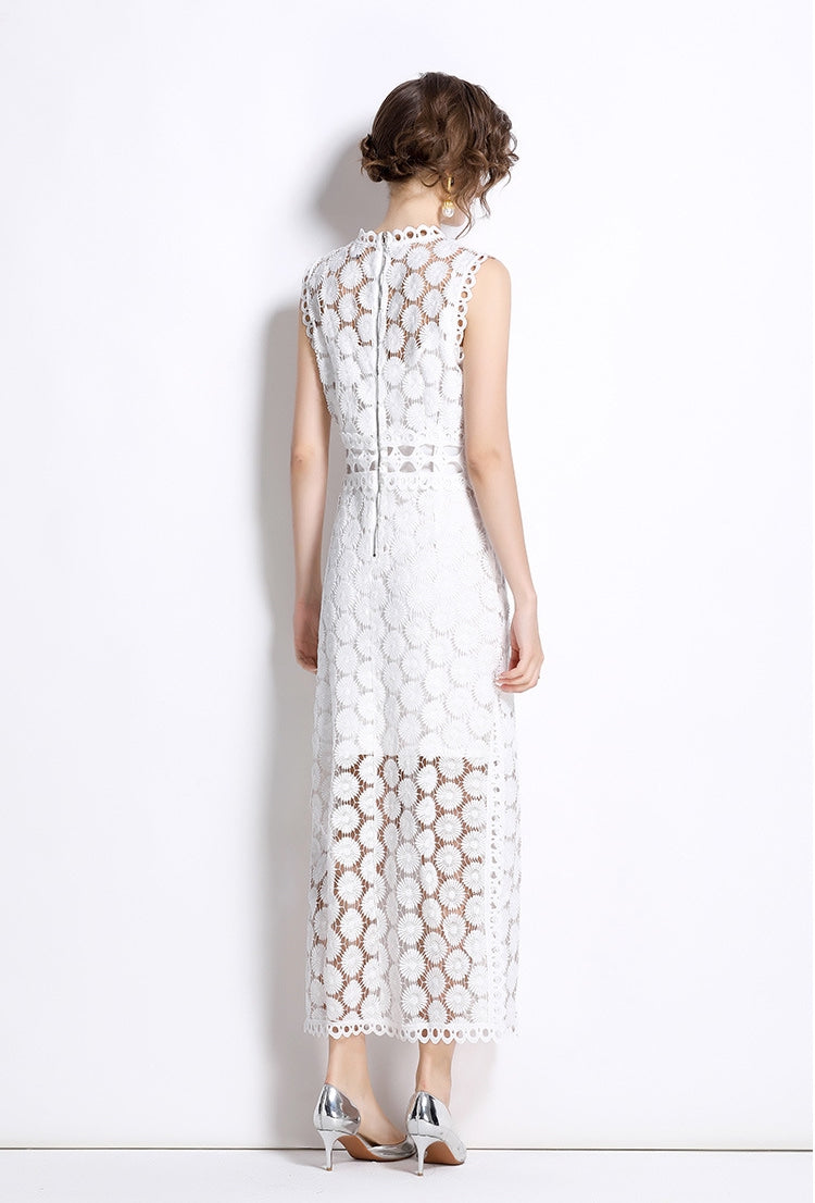 White Hollow-Out Lace Midi Dress