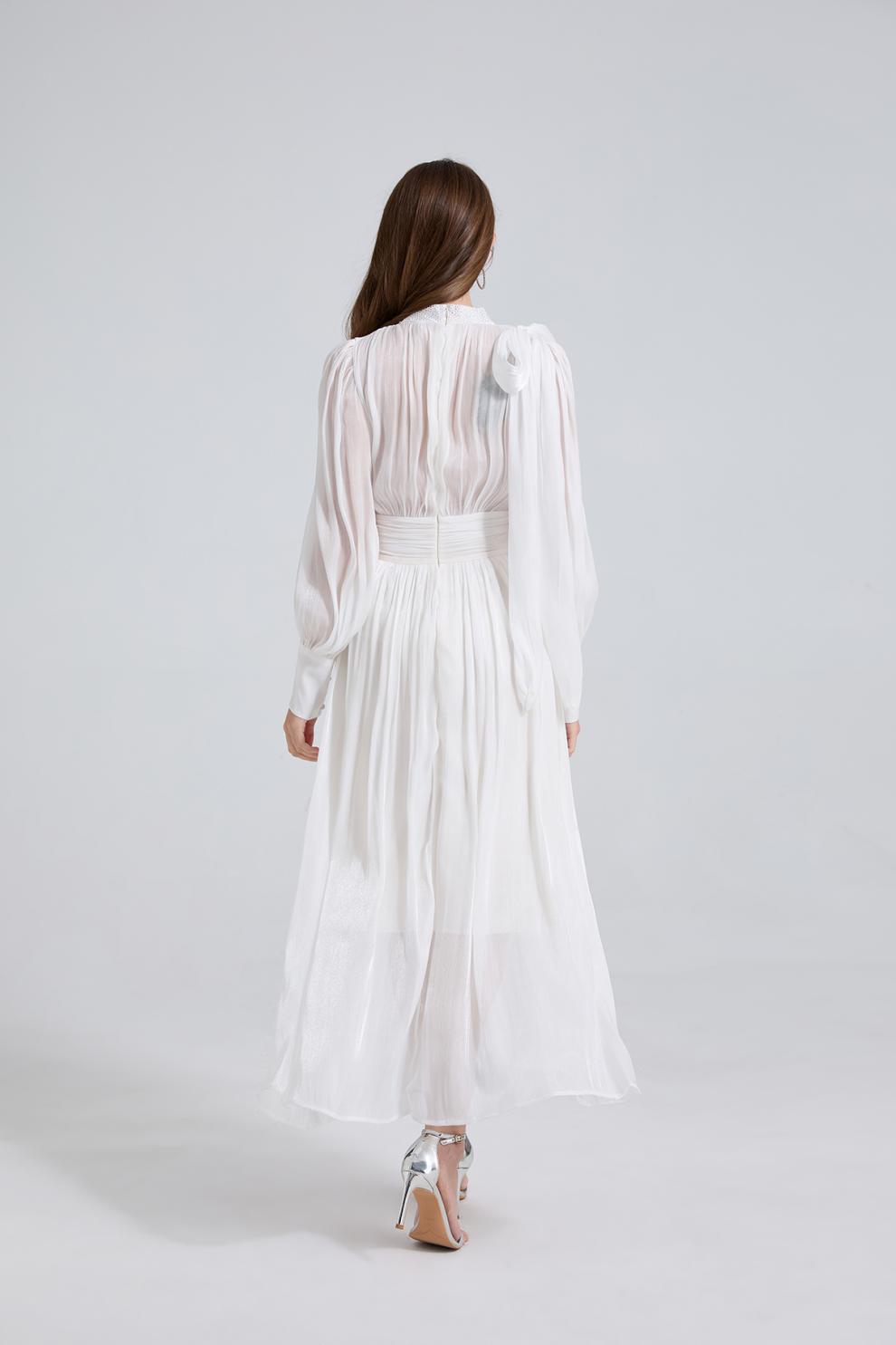 Ivory Grace High-Neck Pleated Midi Dress - 905557854806_WHITE