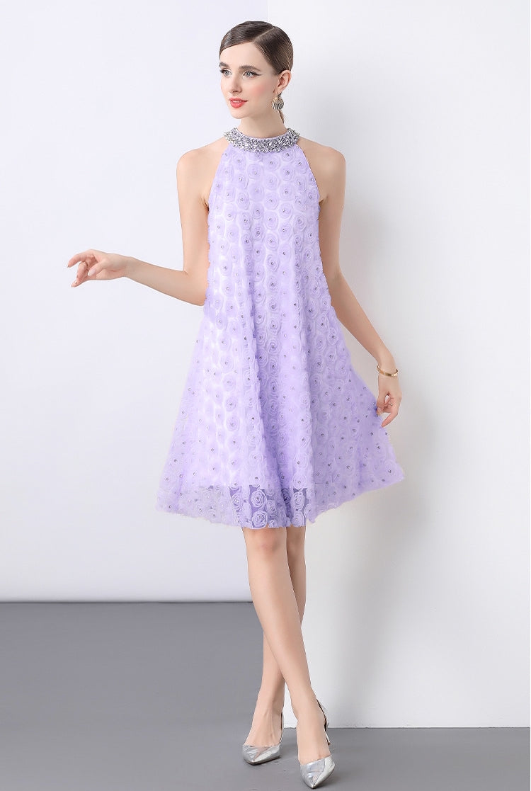 Lavender Bloom Halter Dress with Rosette Lace