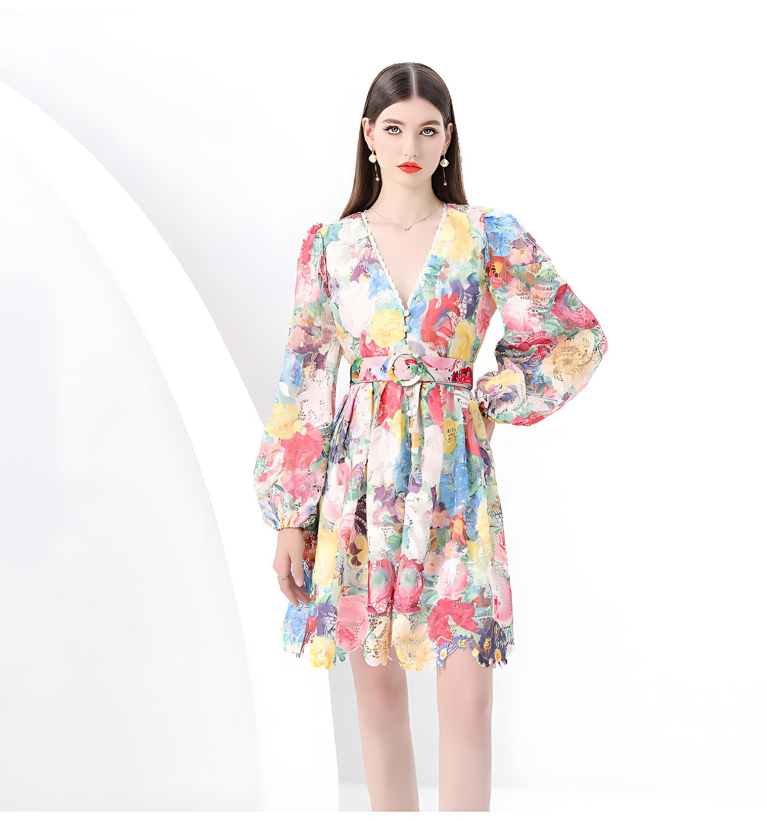 Floral V-Neck Belted Dress