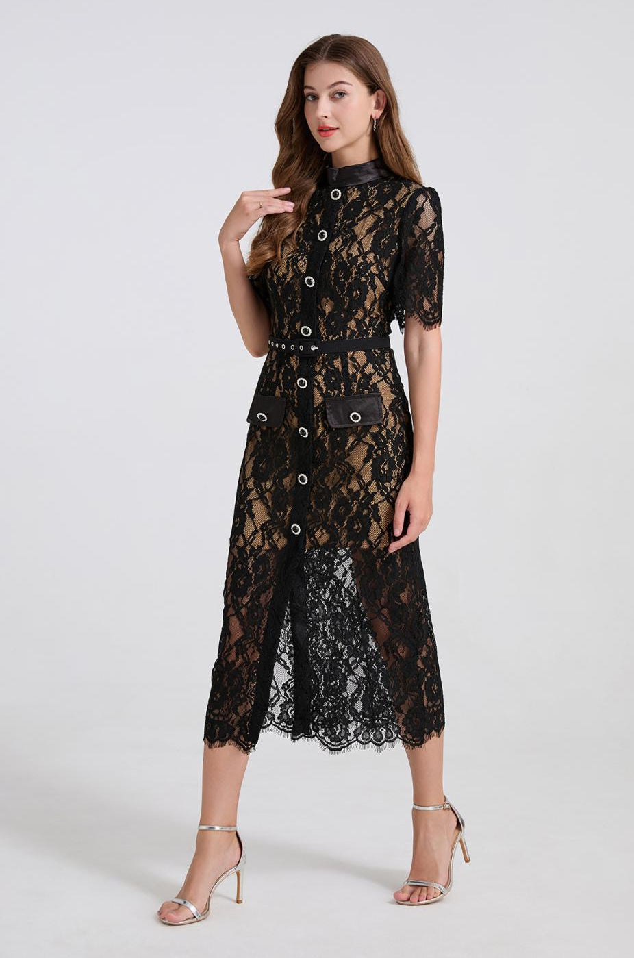 Noir Allure Lace Button-Down Dress