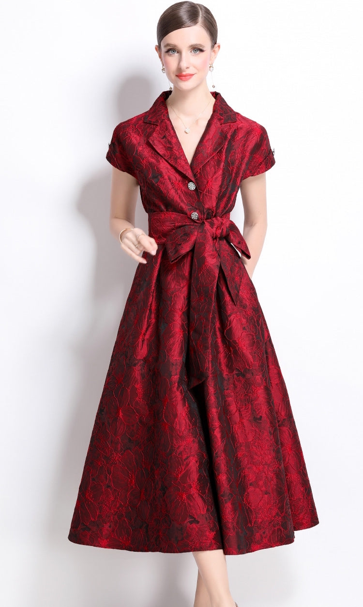Crimson Elegance Brocade Midi Dress - 913663767470_RED