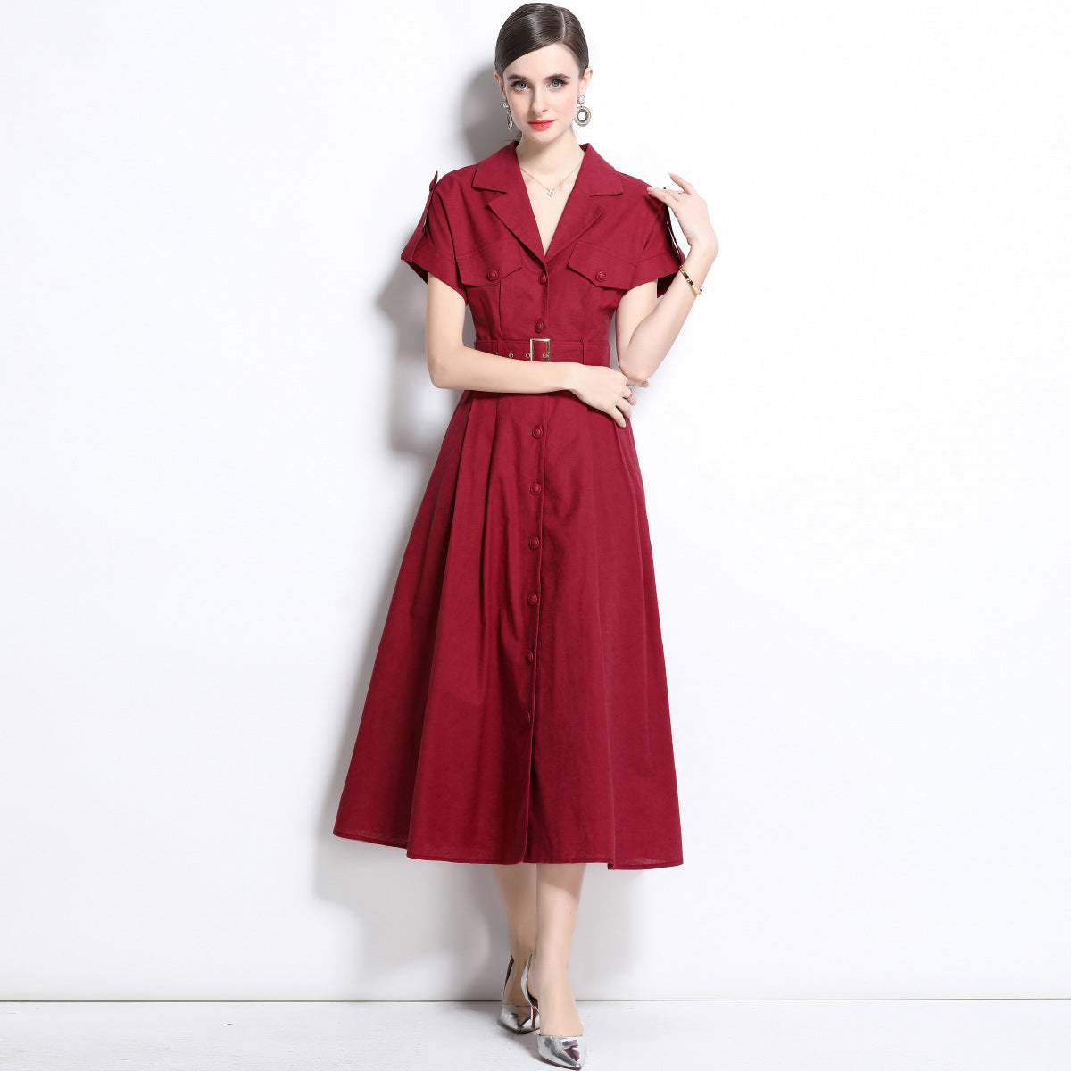 Burgundy Military Midi Dress with Belt