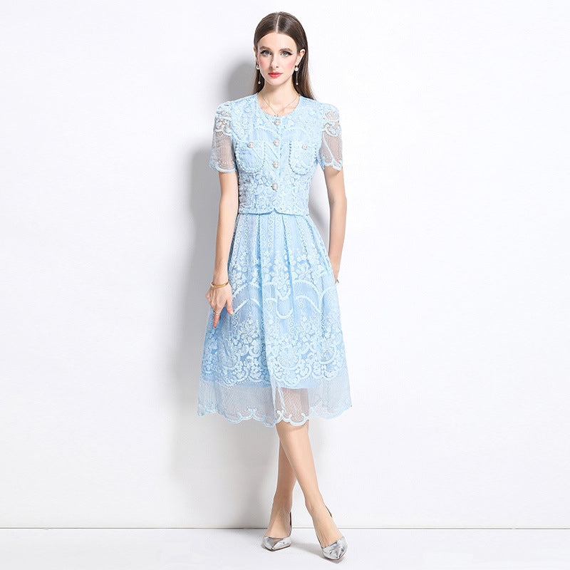 Elegant Lace Vintage Two Piece Midi Dress – Sky Blue