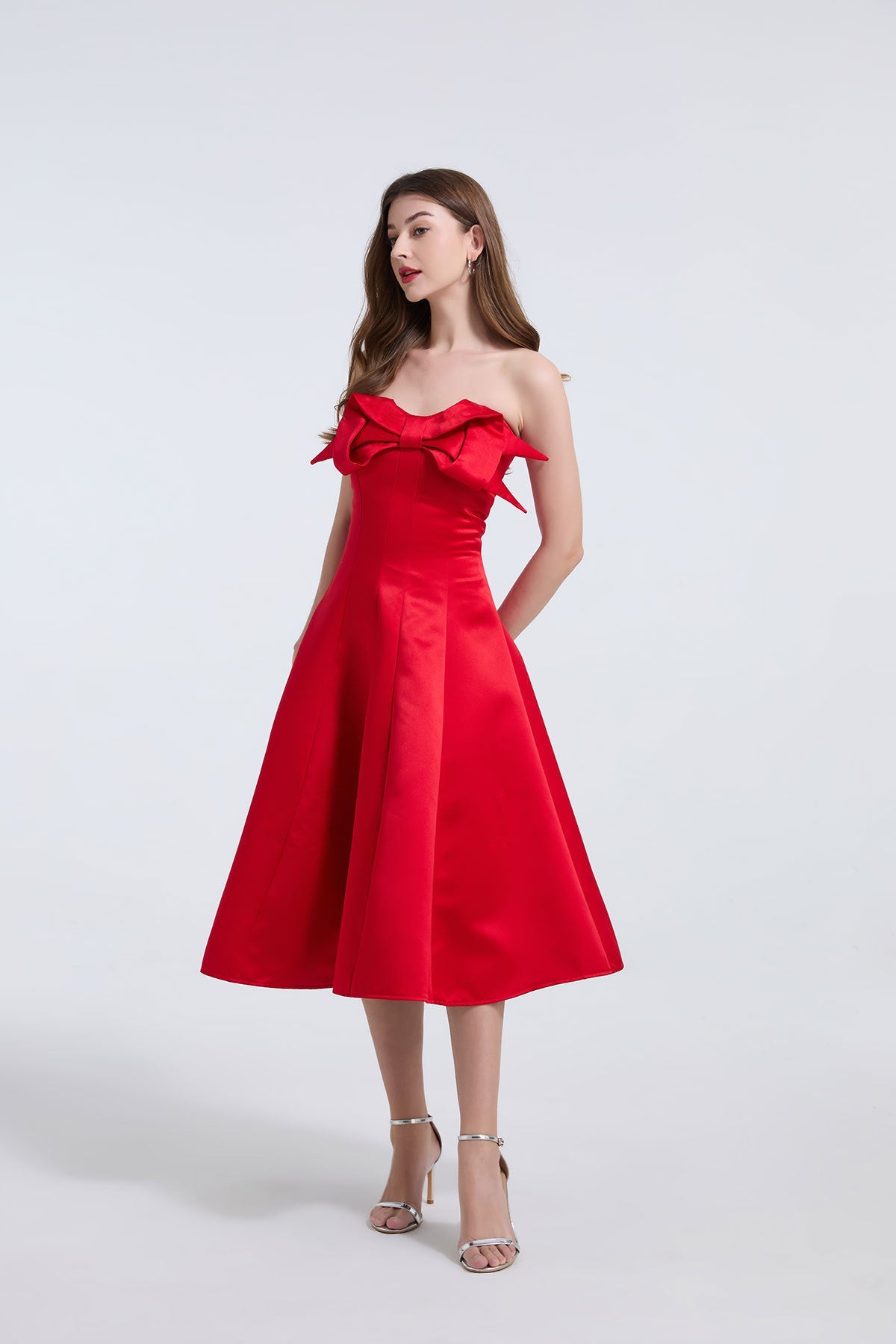 Strapless Bow Detail Satin Midi Dress - Red