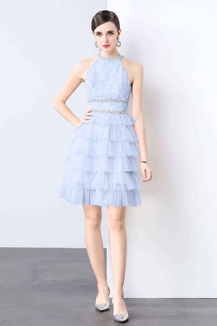 Frosted Blue Tulle Ruffle Cocktail Dress