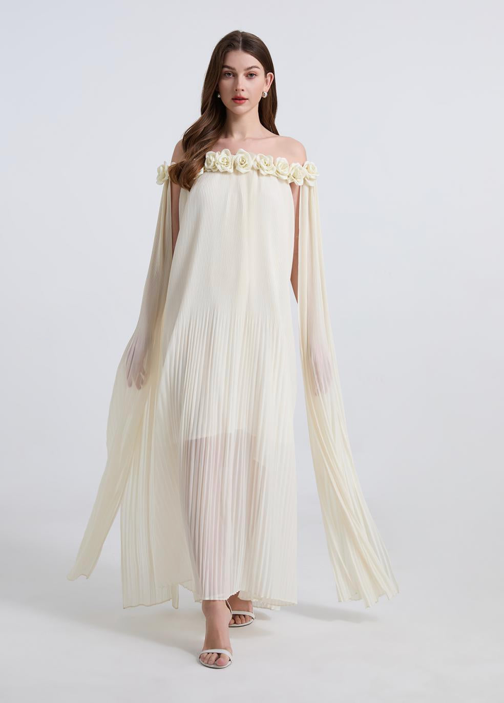 Ivory Floral Off-Shoulder Pleated Gown