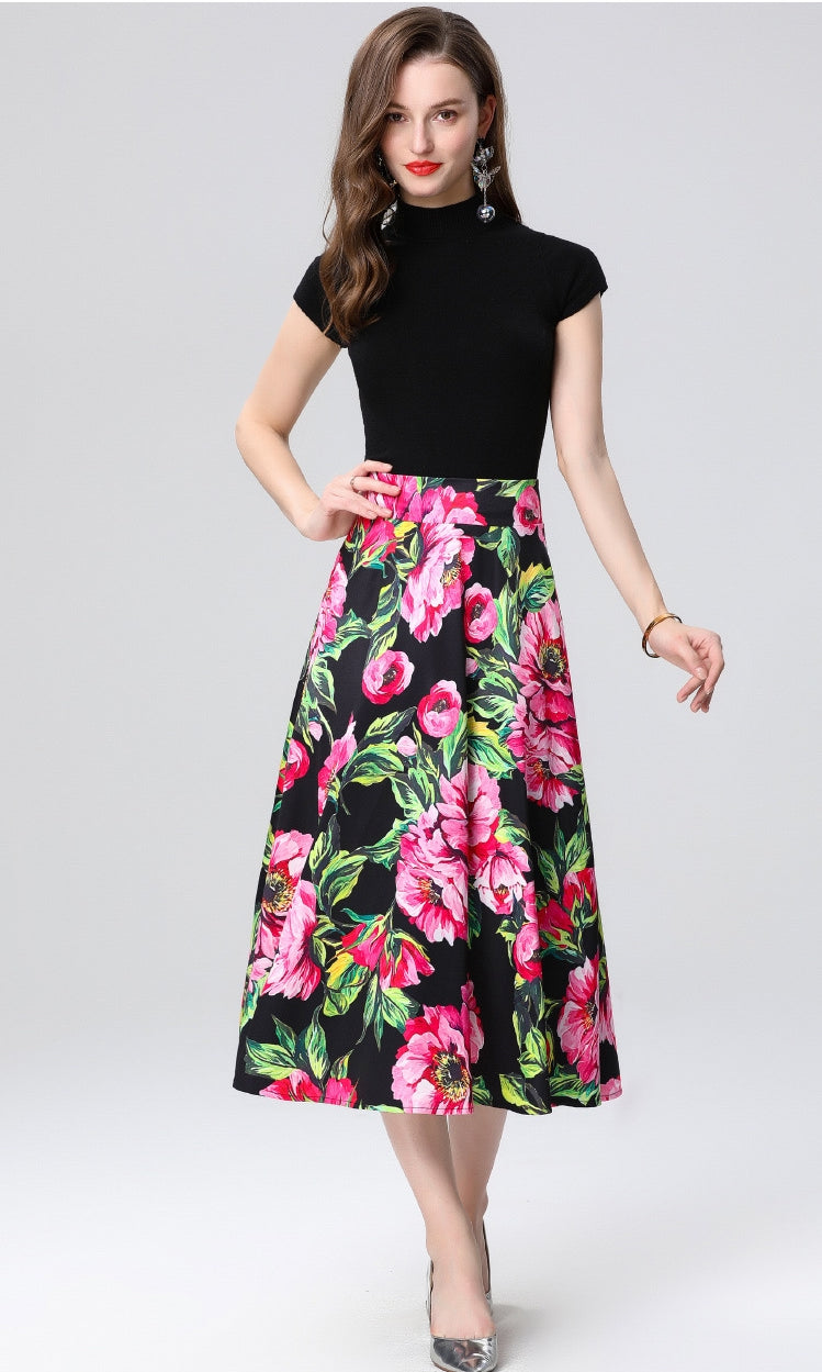 Floral High-Waist Midi Skirt Two Piece Set