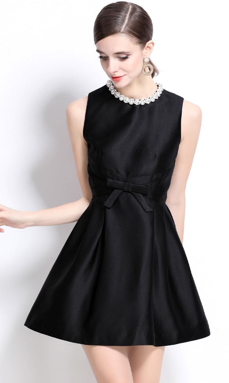 Elegant Pearl-Trimmed Black Mini Dress - 899034048641_BLACK