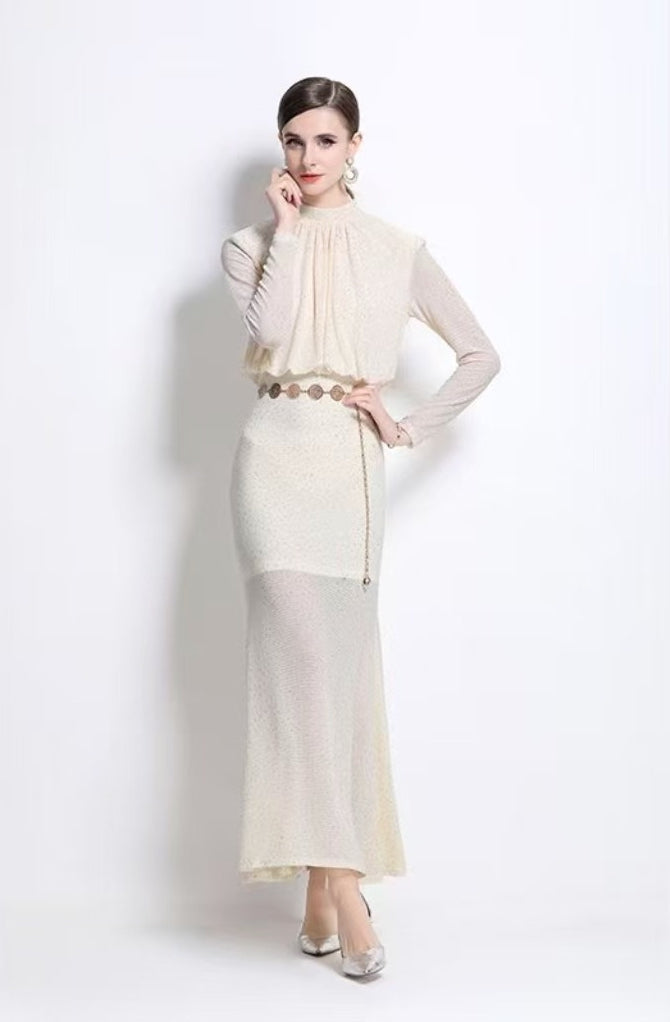 Elegant Sheer Long-Sleeve Maxi Dress - Ivory