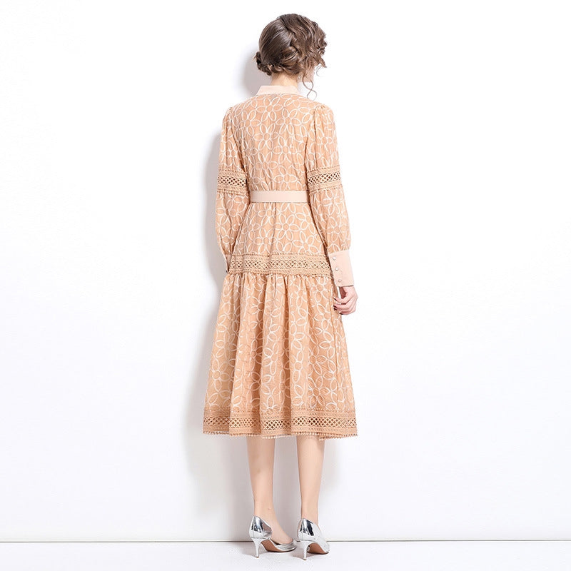 Elegant Apricot Lace Midi Dress with Belt
