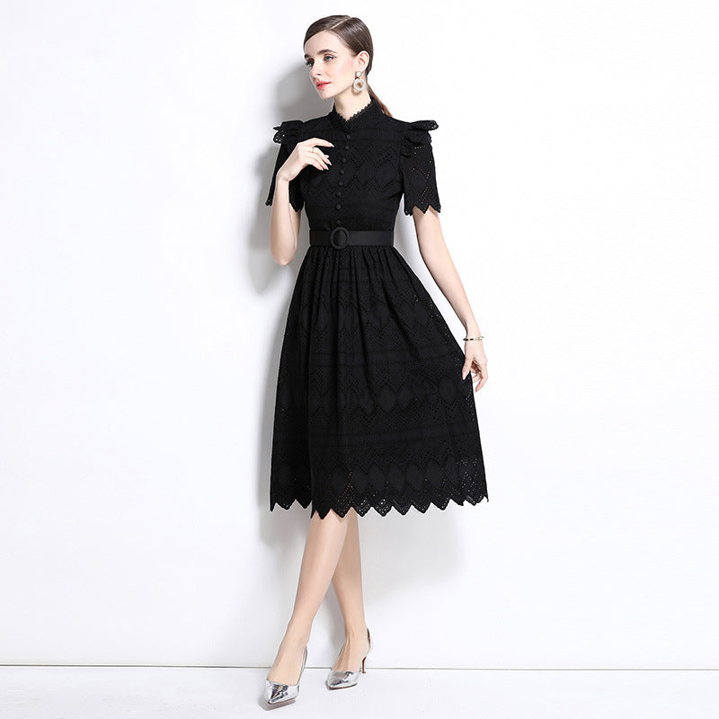 Elegant Black Lace Belted Midi Dress