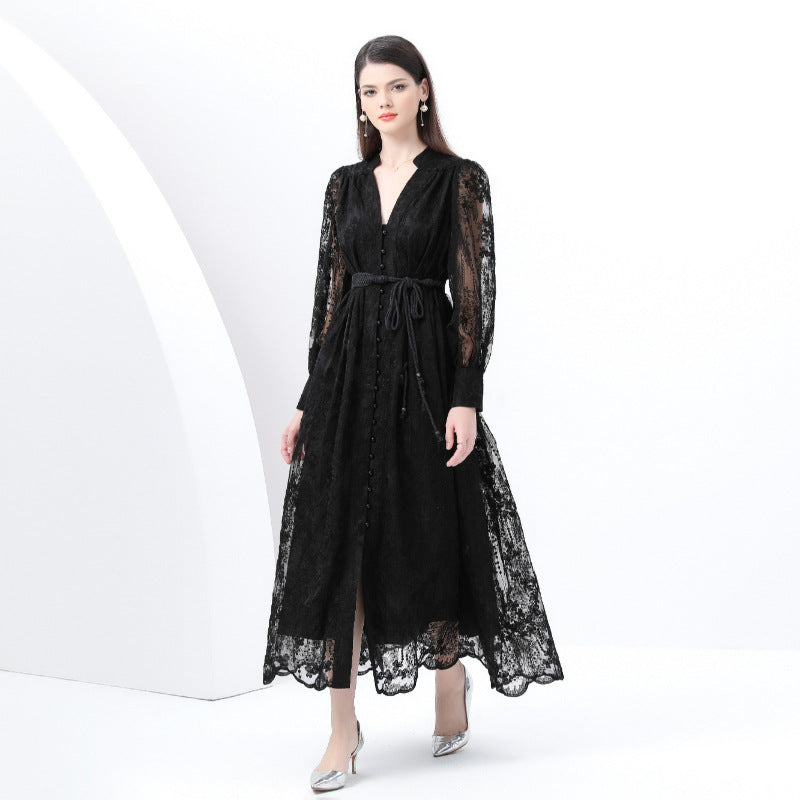 Black Lace Long-Sleeve Maxi Dress
