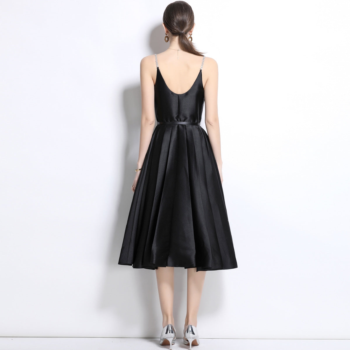 Black Satin Crystal-Button Midi Dress