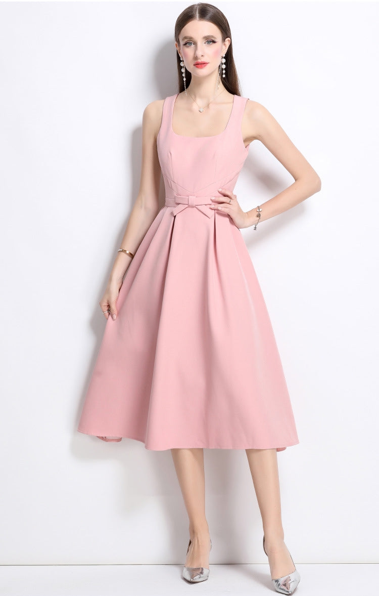 Elegant Rose Midi Bow Dress - 901083289296_PINK