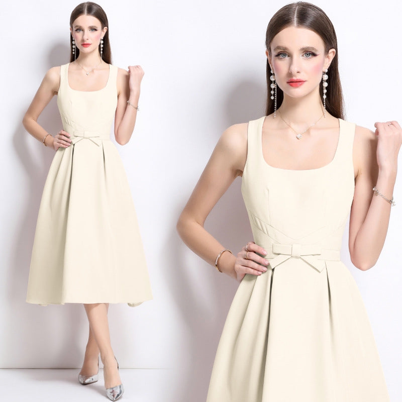 Elegant Ivory Bow Midi Dress - 900623614513_APRICOT