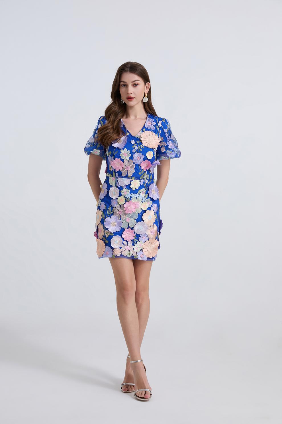 Royal Blue Floral Embroidered Mini Dress